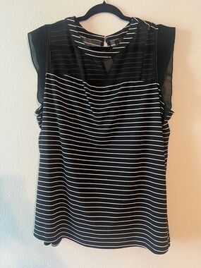 Worthington Black and White Striped Mesh Yoke Sleeveless Camisole